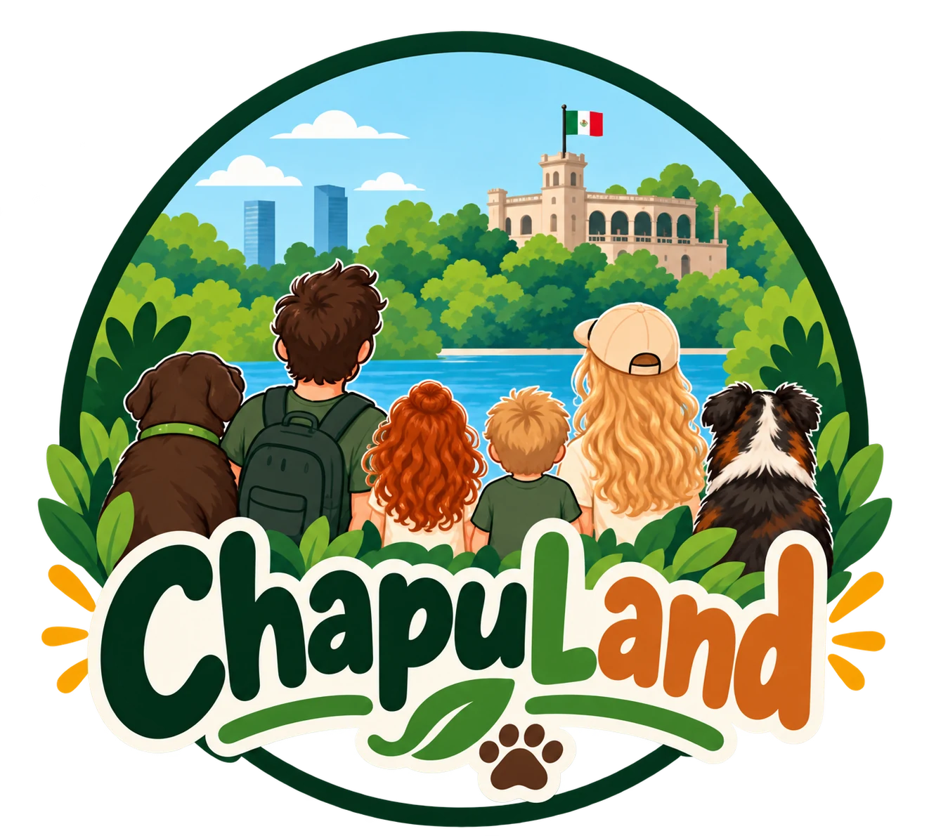 Emblema de ChapuLand con una familia y dos perros de espaldas mirando el bosque